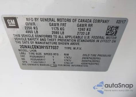 2017 Chevrolet Equinox Lt из США, поврежденный, VIN 2GNALCEK3H1577037